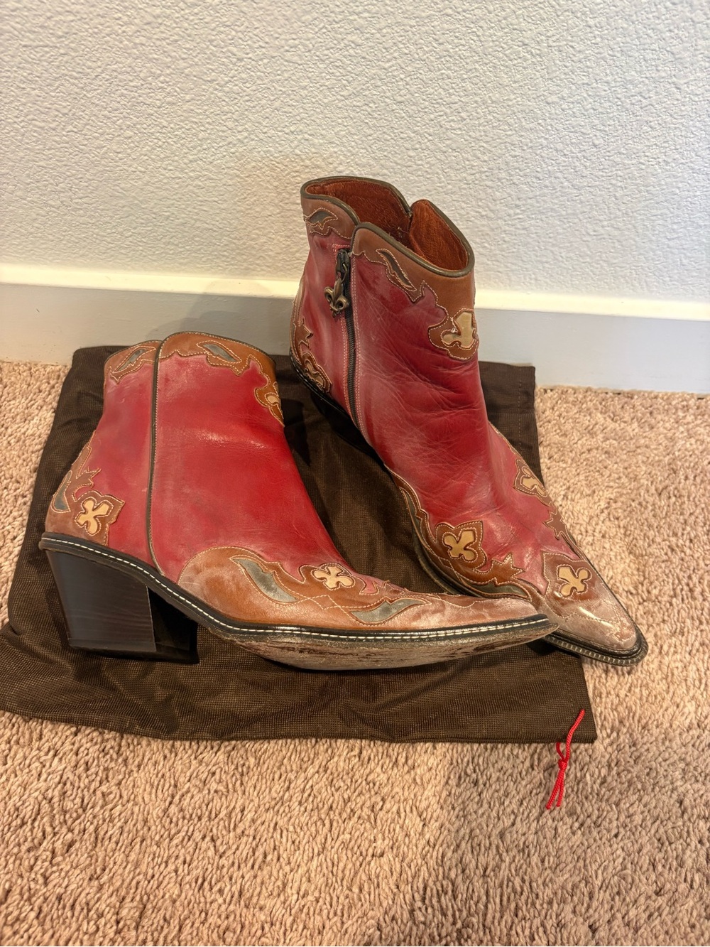Donald J Pliner Western Couture Red Brown Leather Fleur de Lis Boots 11M - Picture 3 of 6